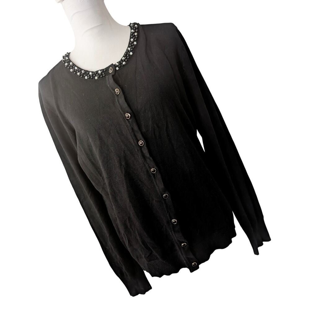 ESPERANZA! LUXE BLACK FINELY KNIT, RHINESTONE & BEAD COLLAR, CARDI SWEATER! XL